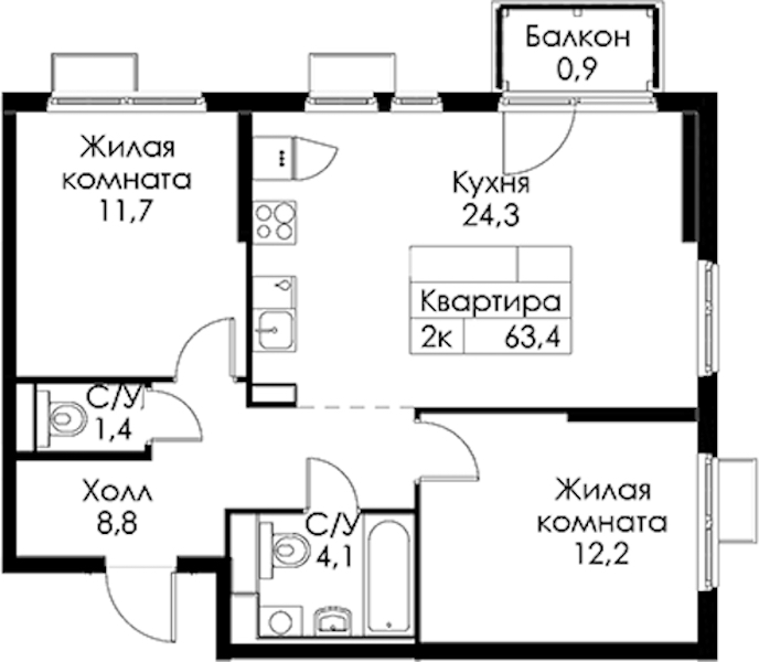 2-комнатная квартира 63.4 м², 6/13 эт., ЖК «Кантемировская 11»